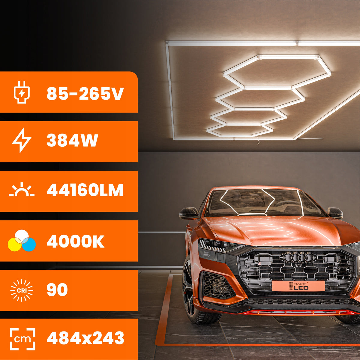 LED HEXAGON osvětlení do garáže 484 × 243 cm