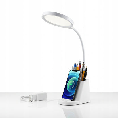 LED stolní lampa, s bezdrátovým nabíjením, s dotykovým ovládáním, nastavitelná, 3 režimy barvy světla, s organizérem