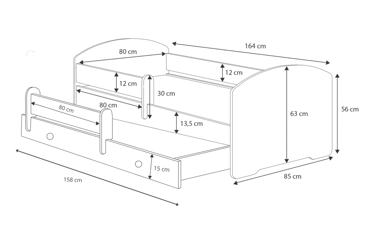Dětská postel se dvěma lůžky LUK 160 × 80 cm s úložným šuplíkem a ochrannou zábranou – motiv spící princezna