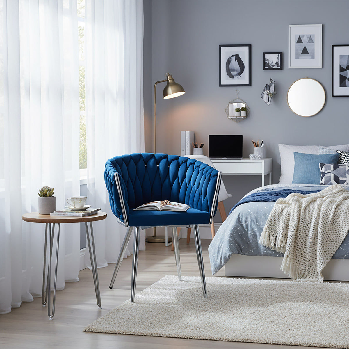 Sametová židle pletené COFTON chrom VELVET tmavě modrý