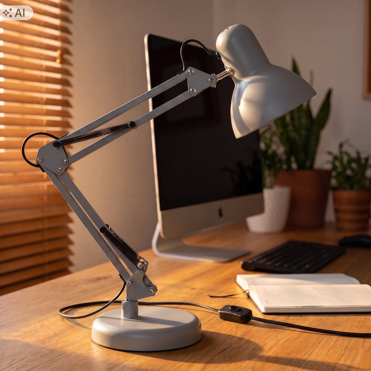 Šedá stolní lampa E27, nastavitelná, s klipsem