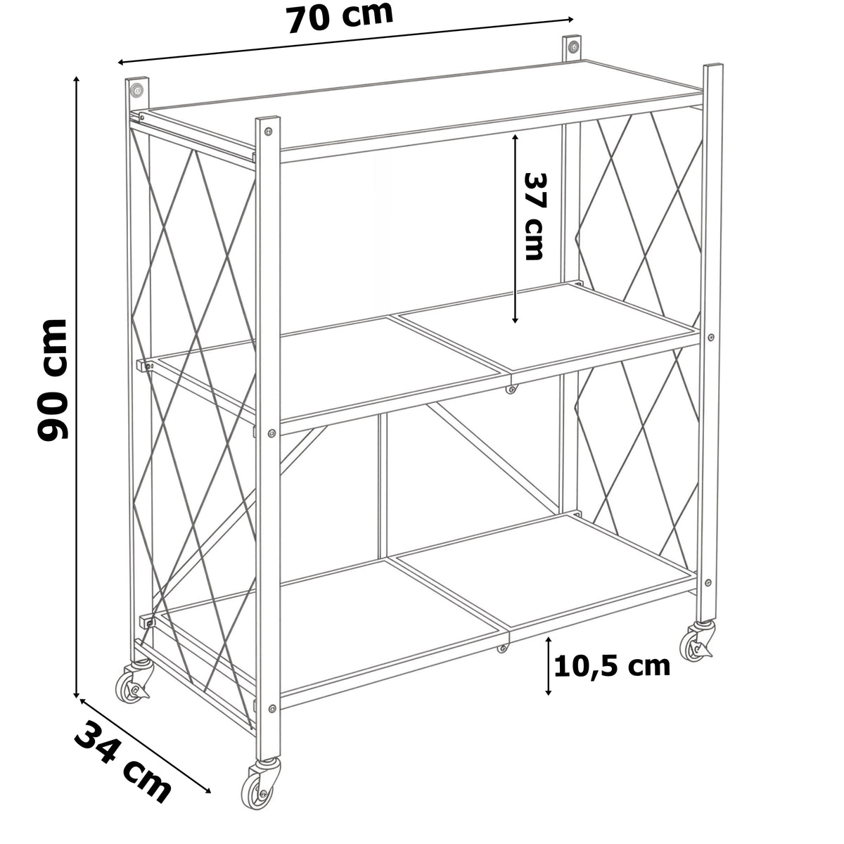 Skládací regál BEVEL 3 úrovně loft na kolečkách