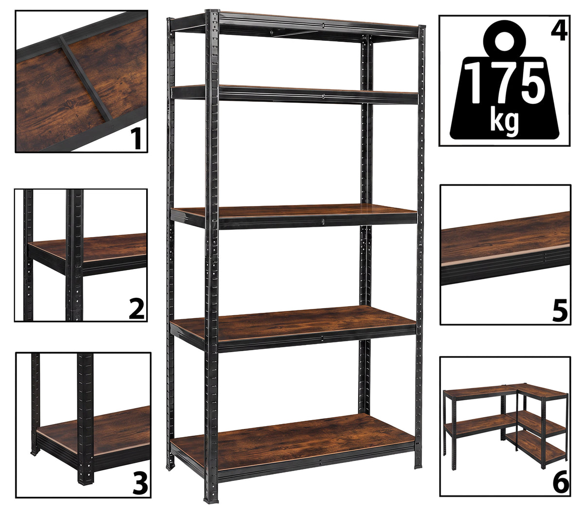 Skladový regál 5 úrovní loftový 875 kg 180 x 90 x 40 cm