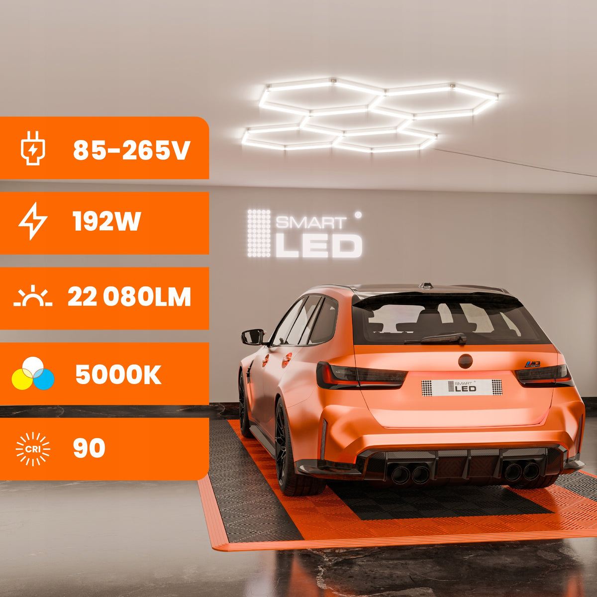 LED HEXAGON osvětlení do garáže 192 W, 221 × 160 cm, stmívatelné