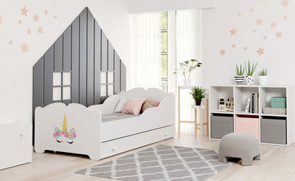 Dětská postel ANNA 160 × 80 cm s úložným šuplíkem – motiv jednorožec