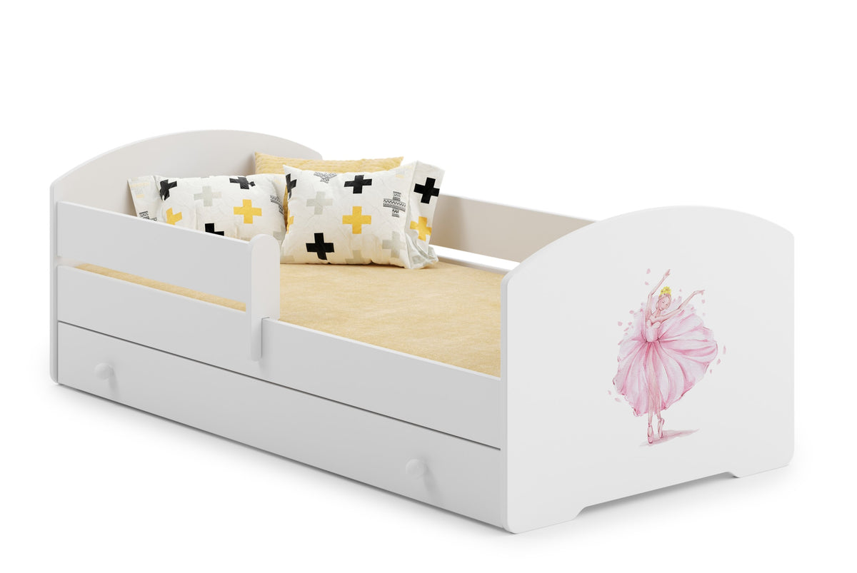 Dětská postel LUK 140 × 70 cm s úložným šuplíkem a ochrannou zábranou – motiv princezna s korunkou