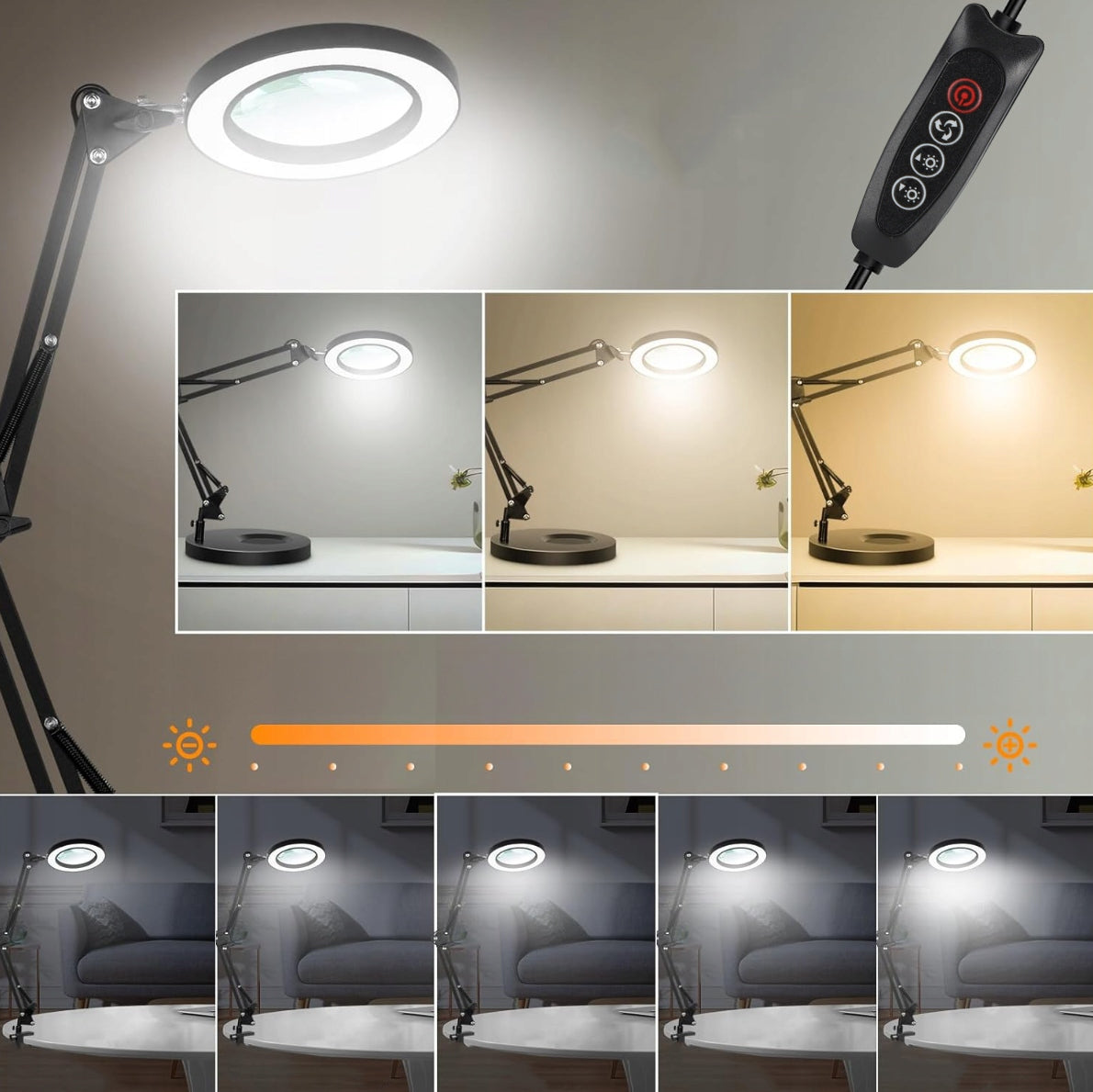 LED stolní lampa, stmívatelná, s lupou