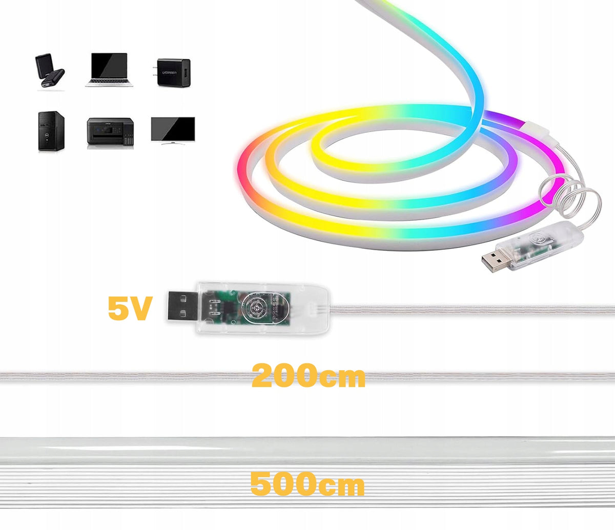 LED neonový pásek 5 V, 5 m, USB, IP65