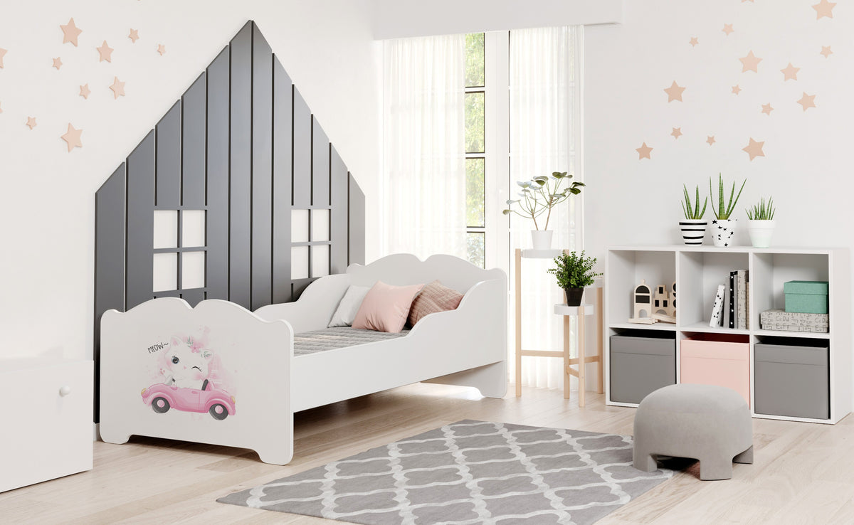 Dětská postel ANNA 140 × 70 cm s matrací – motiv kočka
