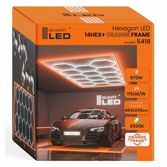 LED HEXAGON osvětlení do garáže 672 W, 484 × 243 cm