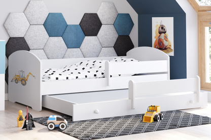 Dětská postel se dvěma lůžky LUK 160 × 80 cm s úložným šuplíkem a ochrannou zábranou – motiv bagr