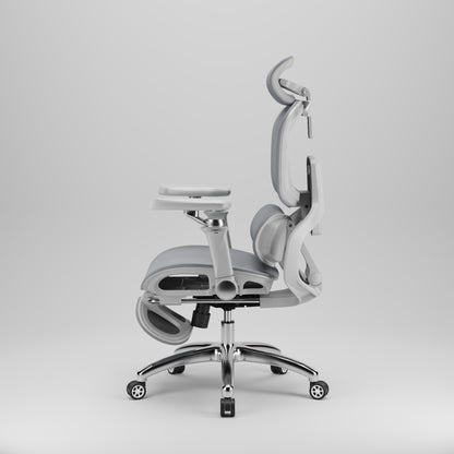 Kancelářská židle AirFlow Pro šedá – boční pohled na područku a sklopnou podnožku