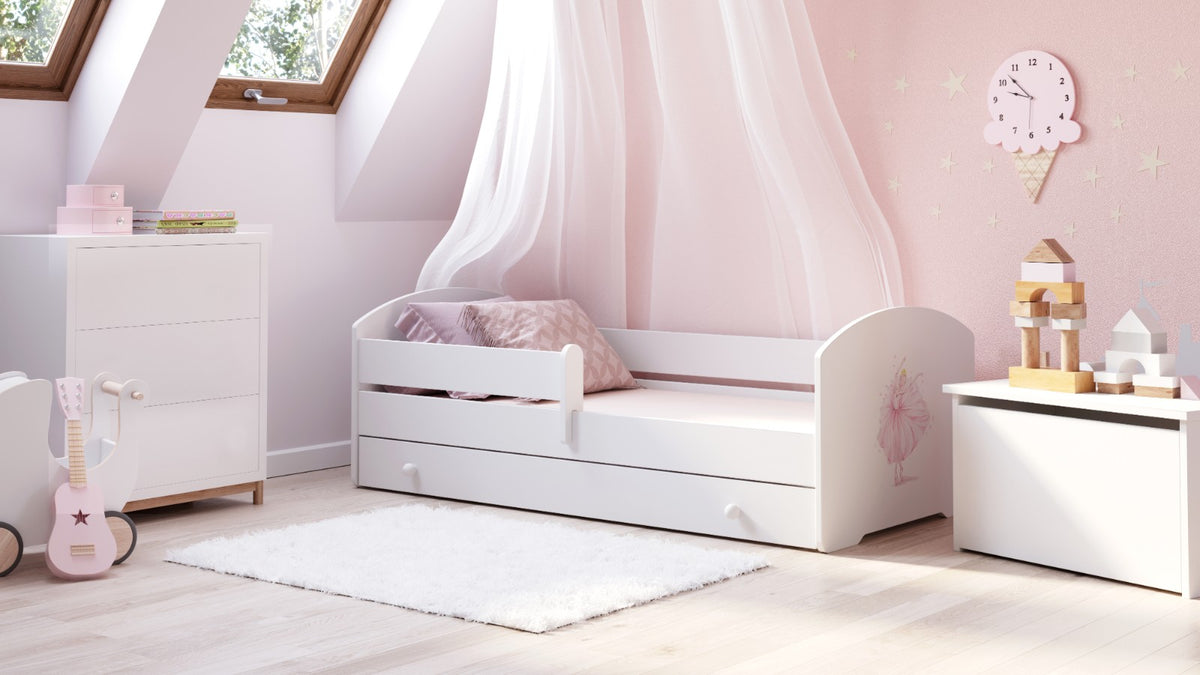 Dětská postel LUK 160 × 80 cm s úložným šuplíkem a ochrannou zábranou – motiv princezna s korunkou