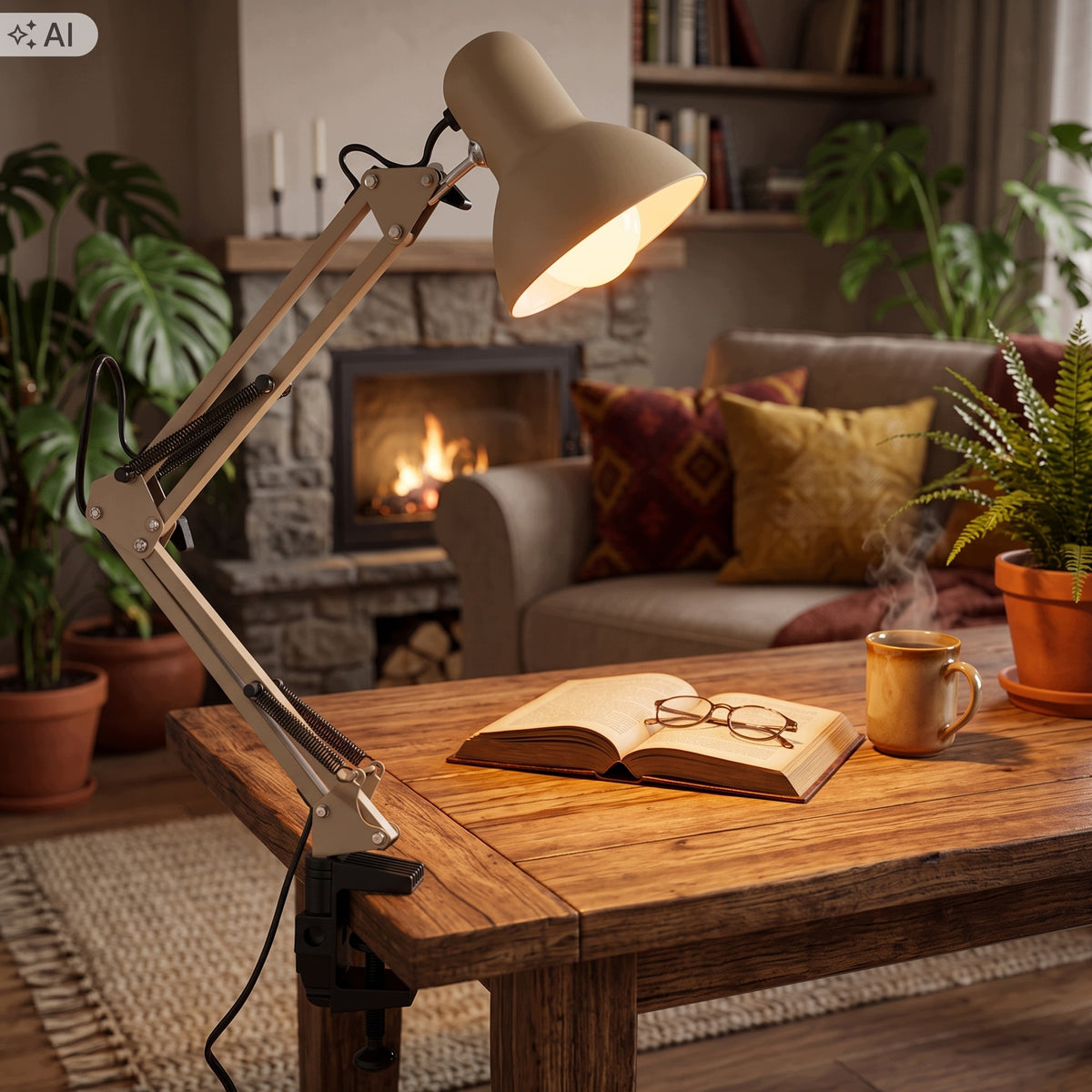 Béžová stolní lampa E27, nastavitelná, s klipsem