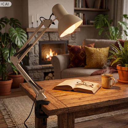 Béžová stolní lampa E27, nastavitelná, s klipsem