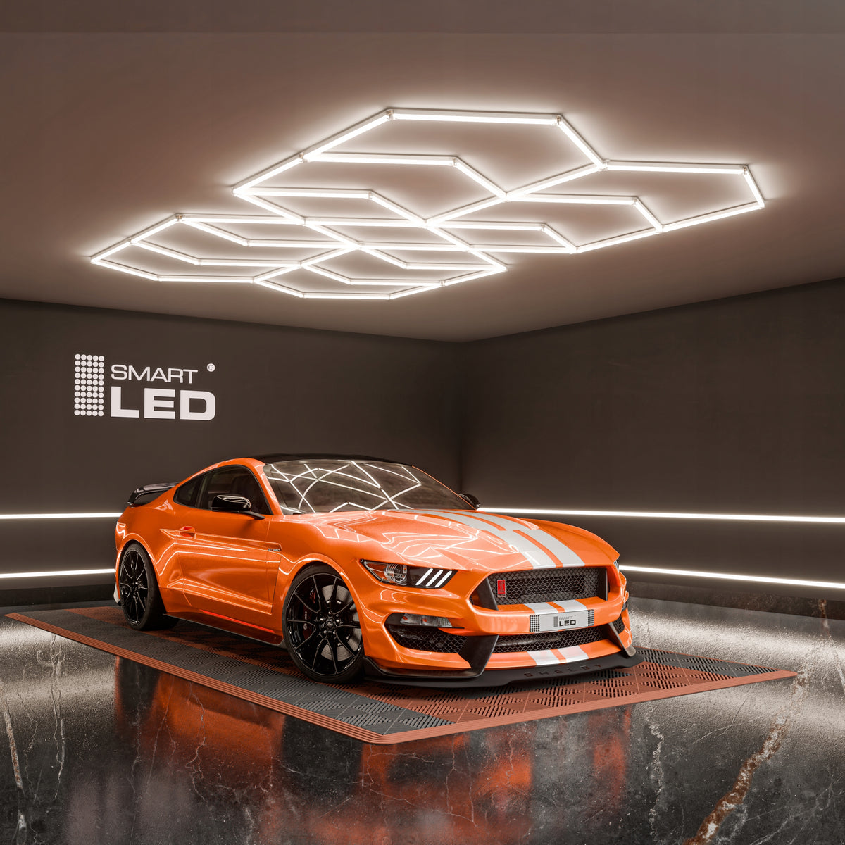 LED HEXAGON osvětlení do garáže 616 W, 482 × 279 cm