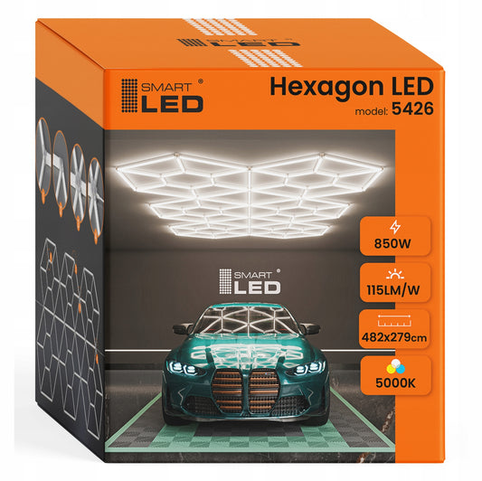LED HEXAGON osvětlení do garáže 850 W, 484 × 279 cm