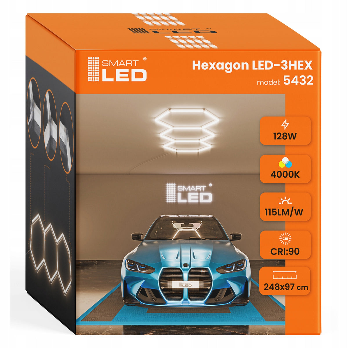 LED HEXAGON osvětlení do garáže 128 W, 248 × 97 cm