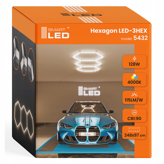 LED HEXAGON osvětlení do garáže 128 W, 248 × 97 cm