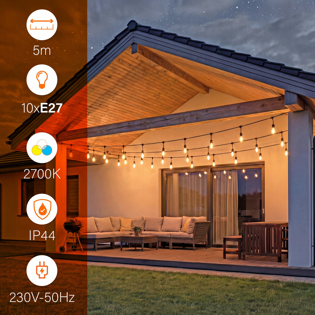 Venkovní LED světelný řetěz E27 5 m
