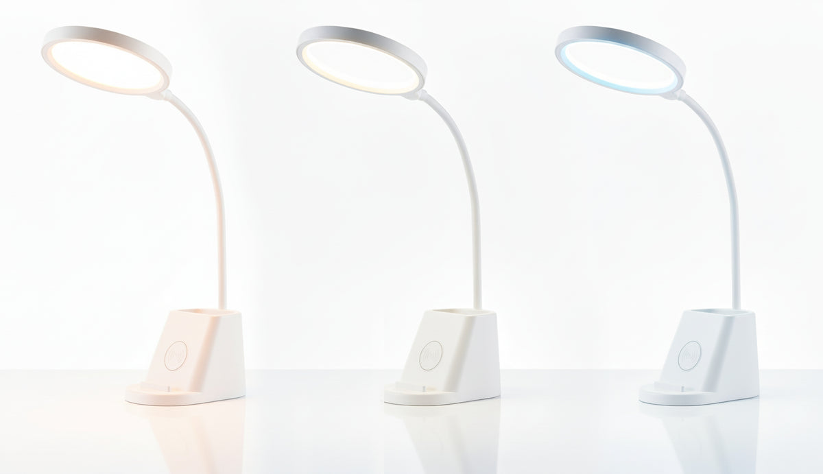 LED stolní lampa, s bezdrátovým nabíjením, s dotykovým ovládáním, nastavitelná, 3 režimy barvy světla, s organizérem