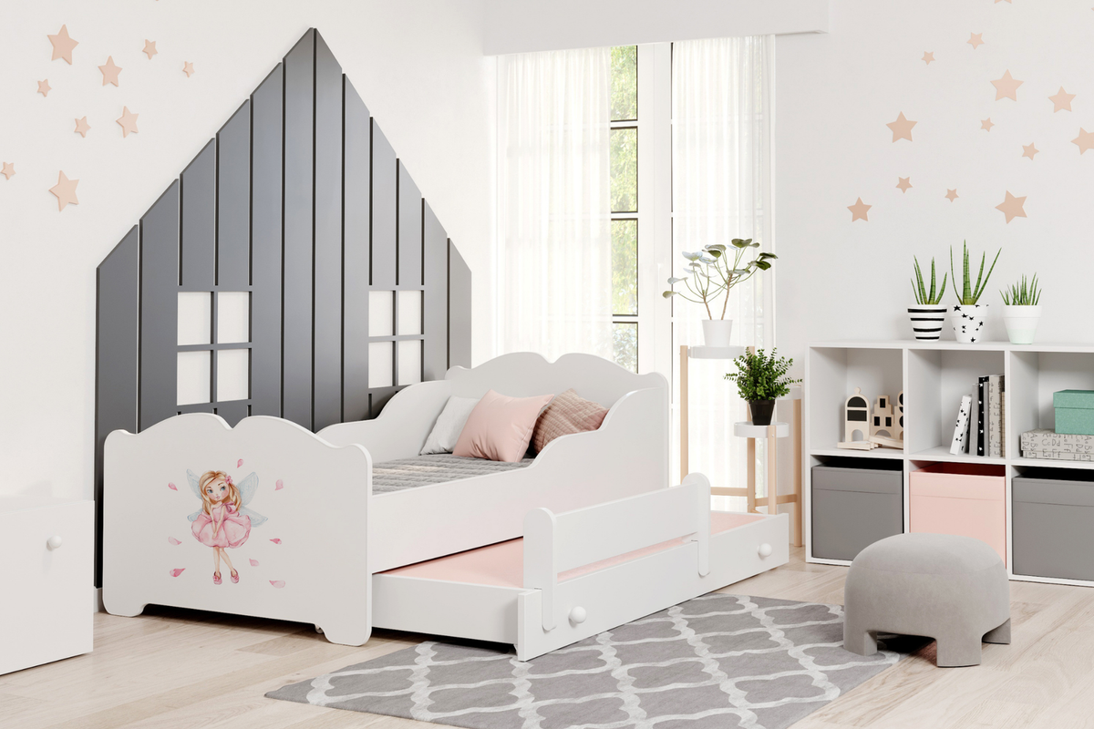 Dětská postel se dvěma lůžky ANNA 160 × 80 cm s úložným šuplíkem – motiv dívka s křídly