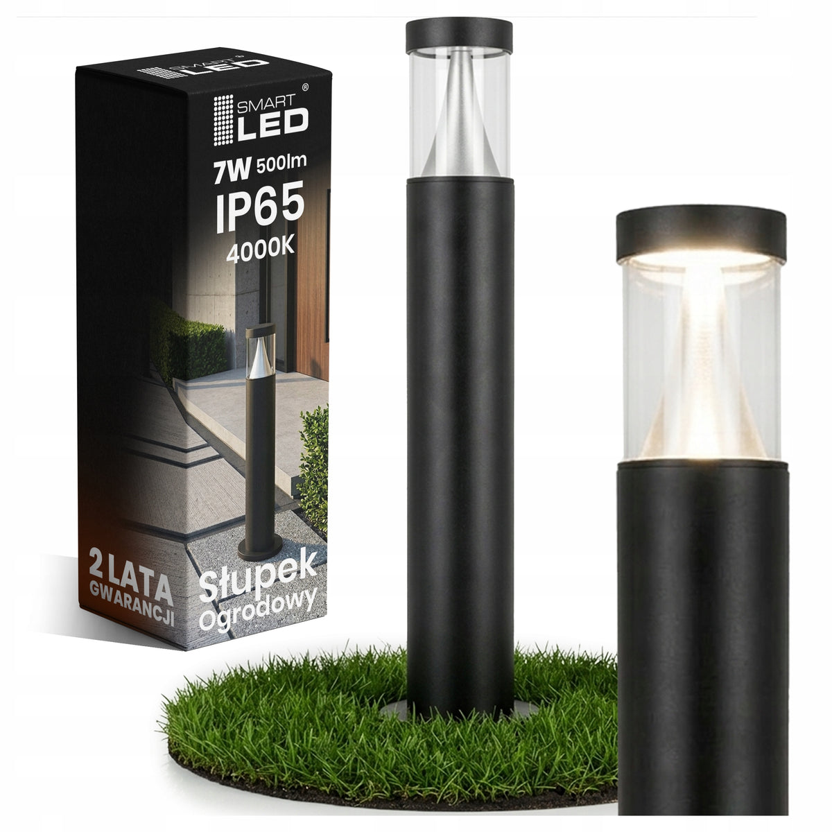 Černý venkovní osvětlovací sloupek 230 V, 7 W, 500 lm, 65 cm, IP44