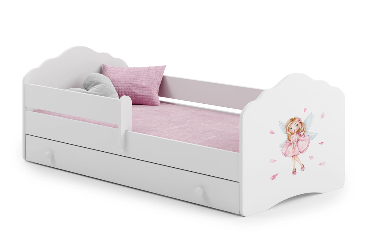 Dětská postel FALA 160 × 80 cm s úložným šuplíkem a ochrannou zábranou – motiv dívka s křídly