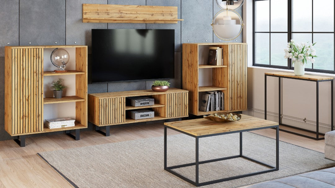 TV stolek FOCUS 155 cm – dub Craft zlatý, loftový styl, lamelový dekor