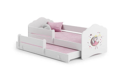 Dětská postel se dvěma lůžky FALA 160 × 80 cm s úložným šuplíkem a ochrannou zábranou – motiv spící princezna