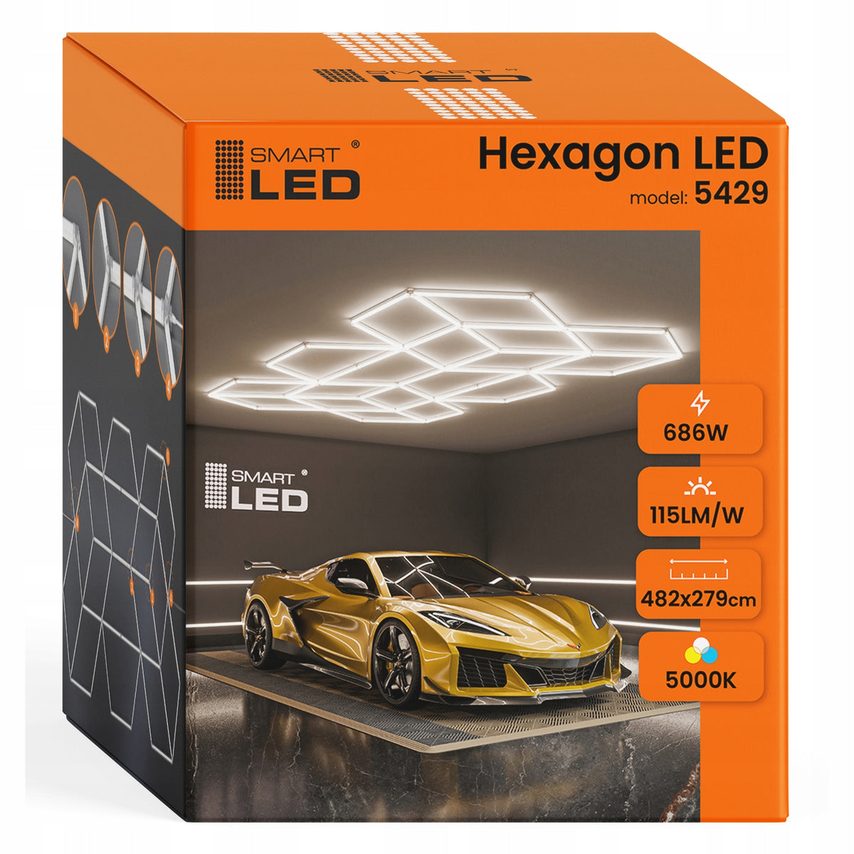 LED HEXAGON osvětlení do garáže 686 W, 482 × 279 cm