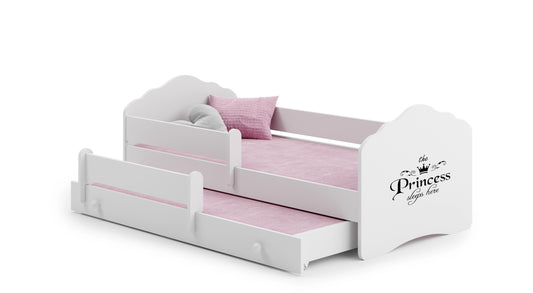 Dětská postel se dvěma lůžky FALA 160 × 80 cm s úložným šuplíkem a ochrannou zábranou – motiv princezna