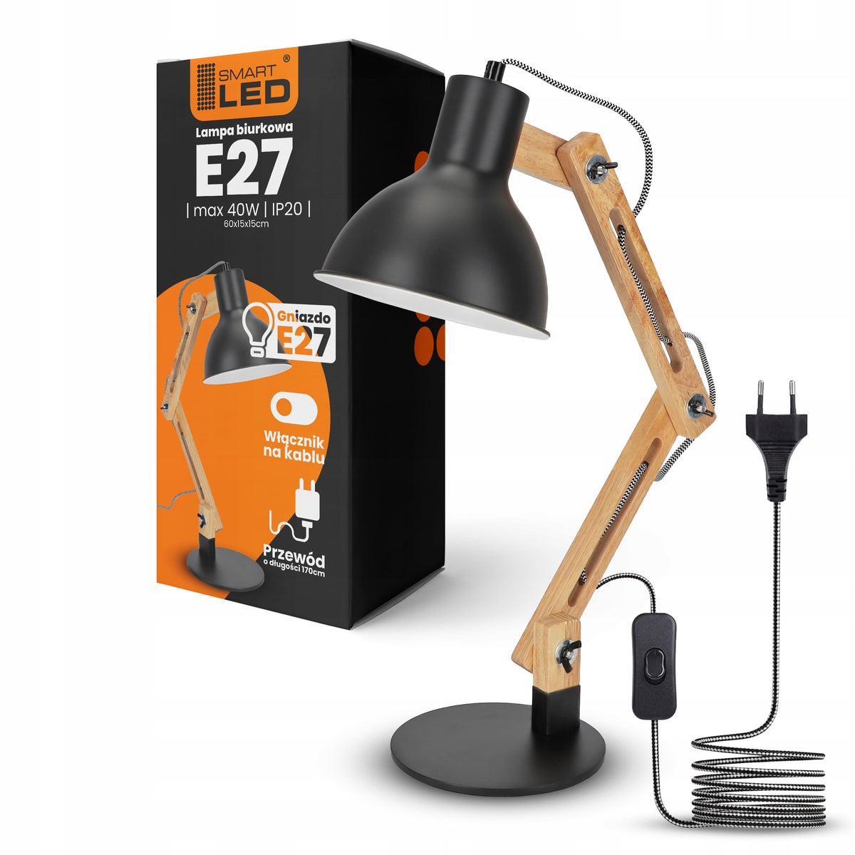Černá stolní lampa E27 230 V, nastavitelná