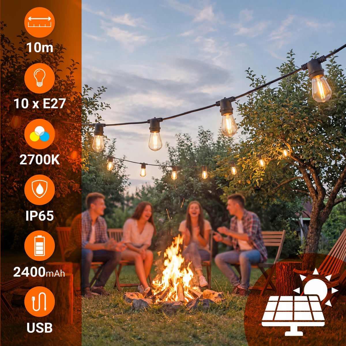 Venkovní LED světelný řetěz E27 10 m