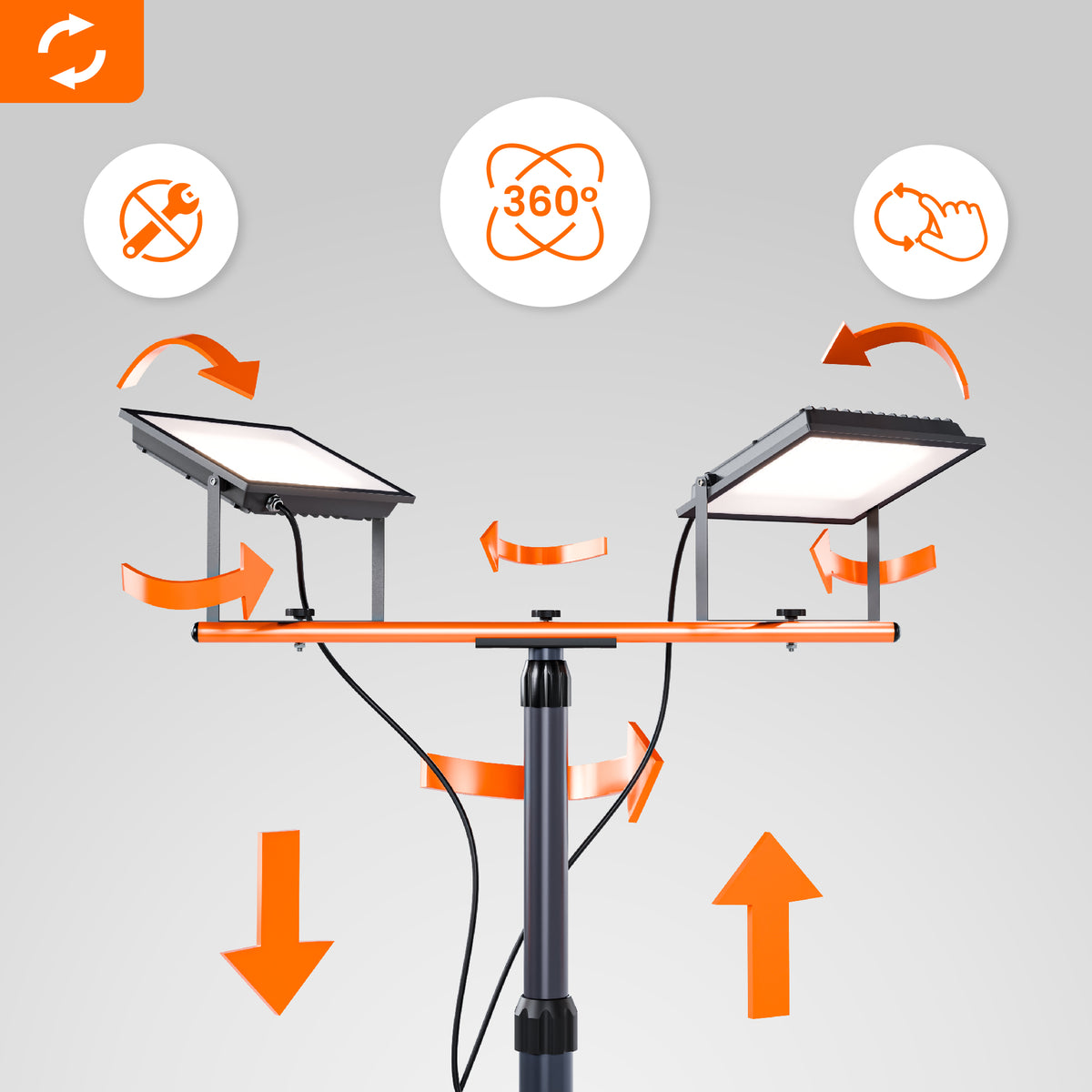 LED pracovní reflektor na stativu 2 × 100 W, 2 × 11 000 lm, 4500 K, IP65, 18 × 14 cm