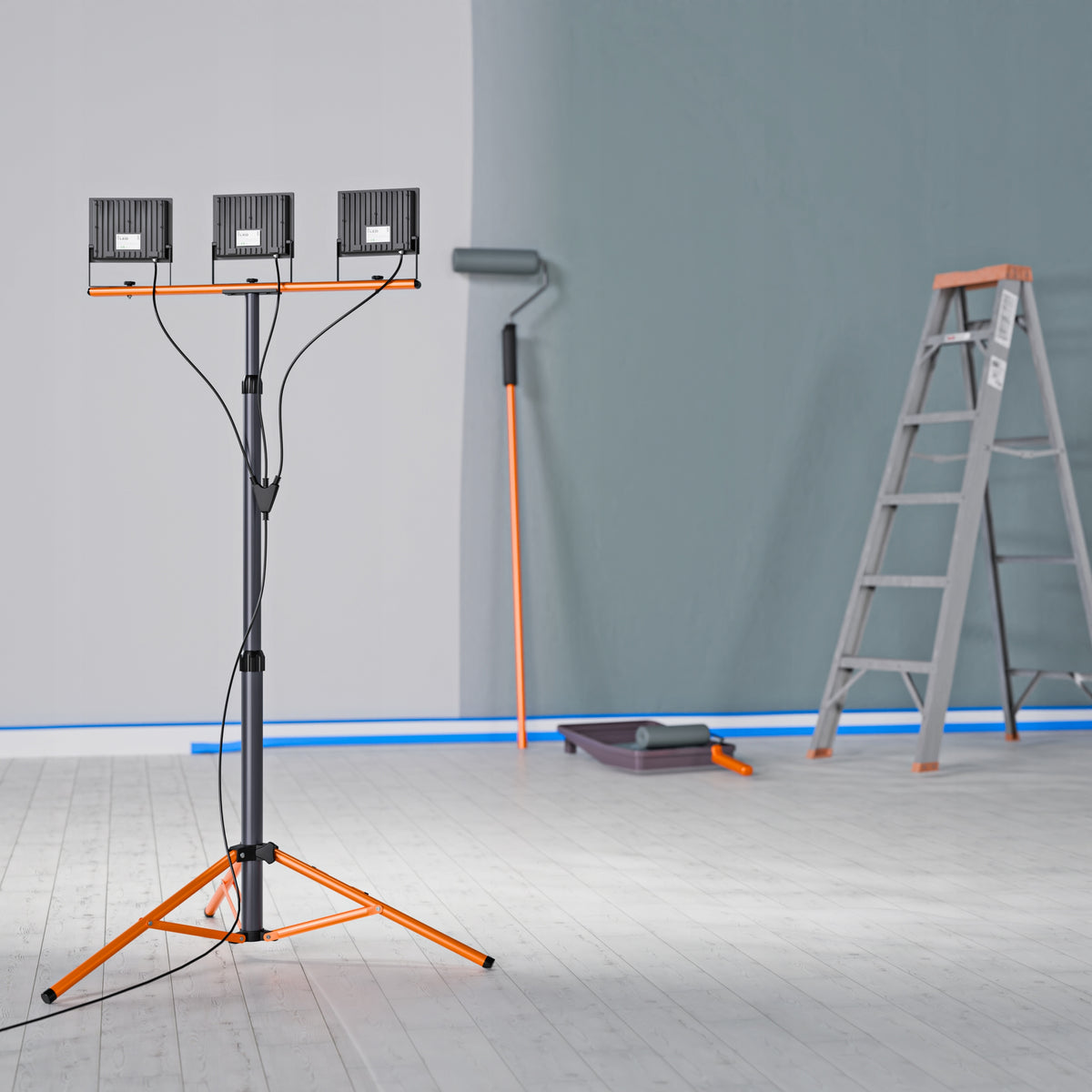 LED pracovní reflektor na stativu 3 × 50 W, 16 500 lm, 4500 K, IP65, výška 180 cm