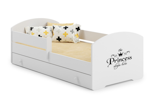Dětská postel LUK 140 × 70 cm s úložným šuplíkem a ochrannou zábranou – motiv princezna