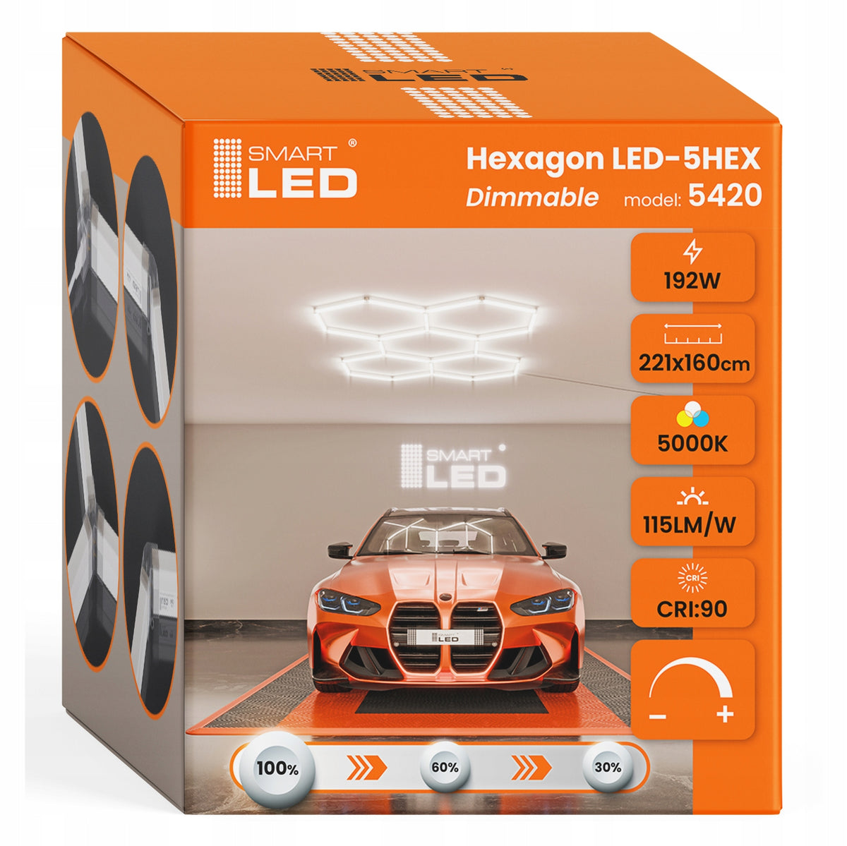 LED HEXAGON osvětlení do garáže 192 W, 221 × 160 cm, stmívatelné