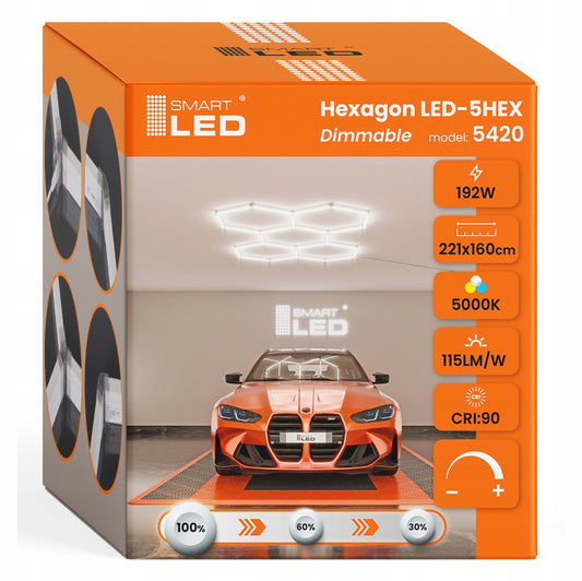 LED HEXAGON osvětlení do garáže 192 W, 221 × 160 cm, stmívatelné