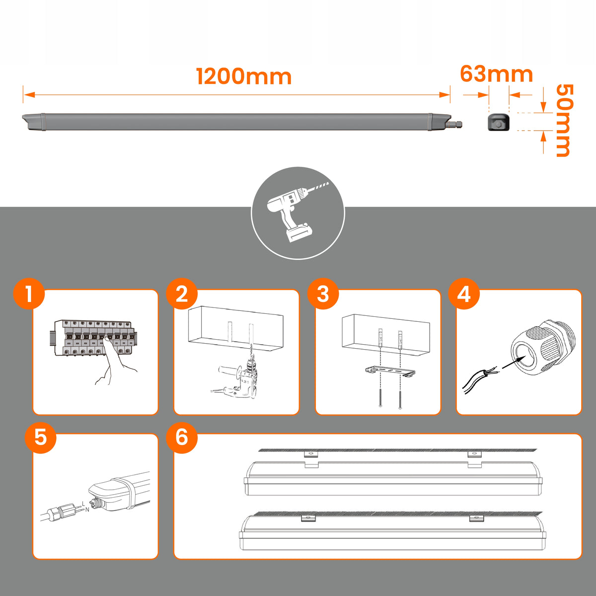 Prachotěsné LED svítidlo 40 W, 6400 lm, 120 cm