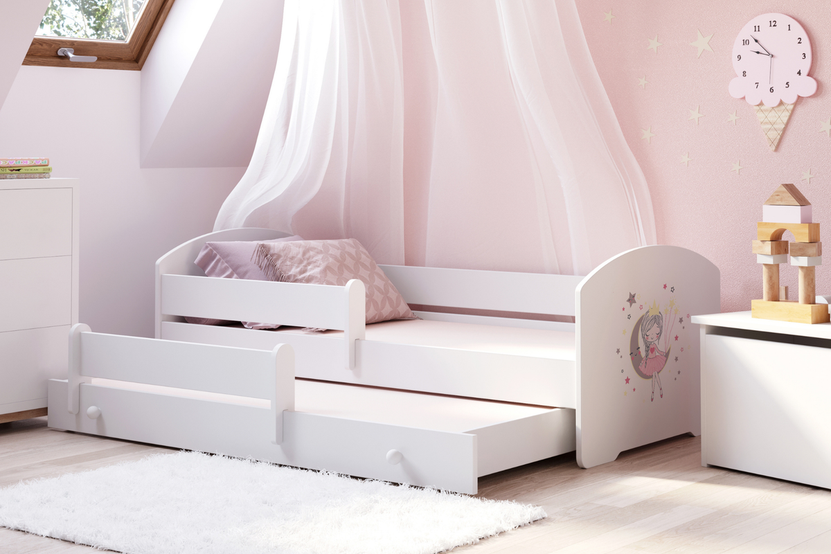 Dětská postel se dvěma lůžky LUK 160 × 80 cm s úložným šuplíkem a ochrannou zábranou – motiv spící princezna