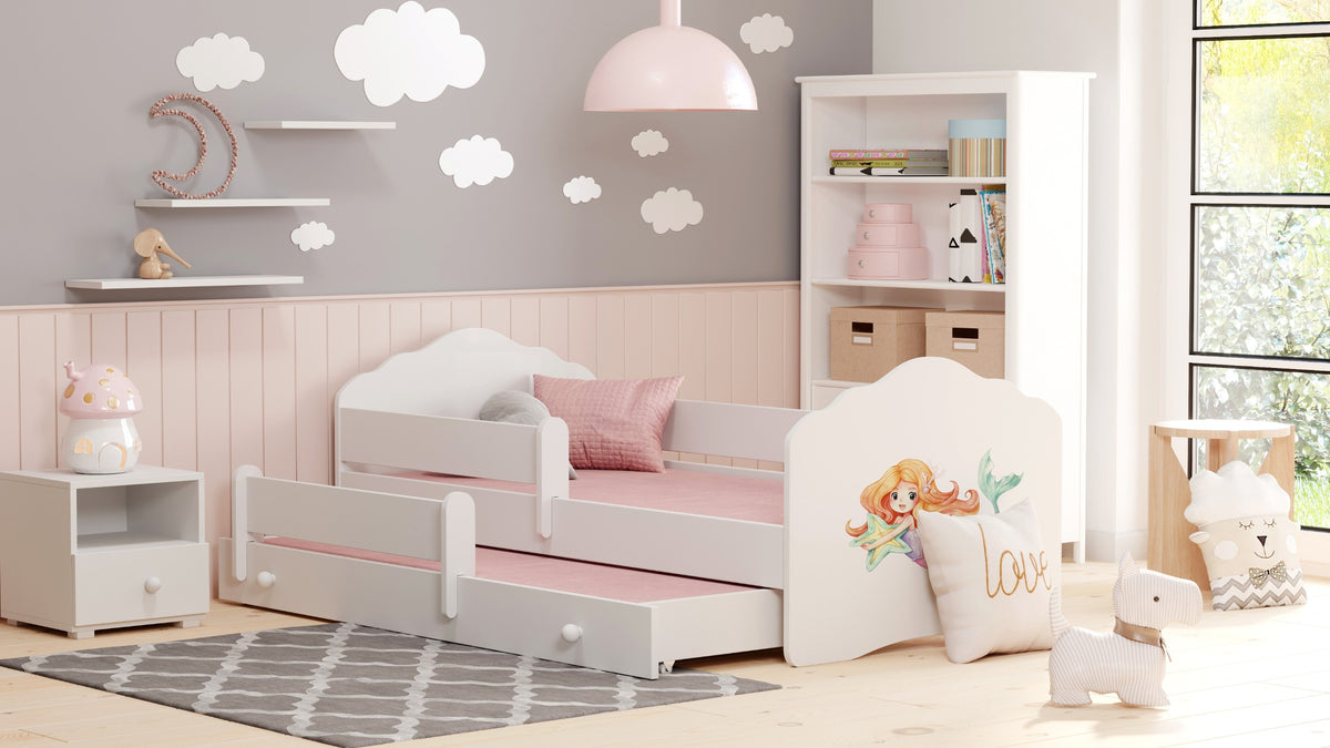 Dětská postel se dvěma lůžky FALA 160 × 80 cm s úložným šuplíkem a ochrannou zábranou – motiv mořská víla