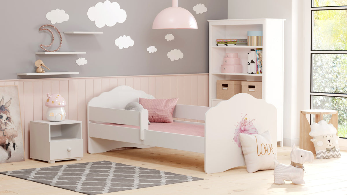 Dětská postel FALA 160 × 80 cm s ochrannou zábranou – motiv princezna s korunkou