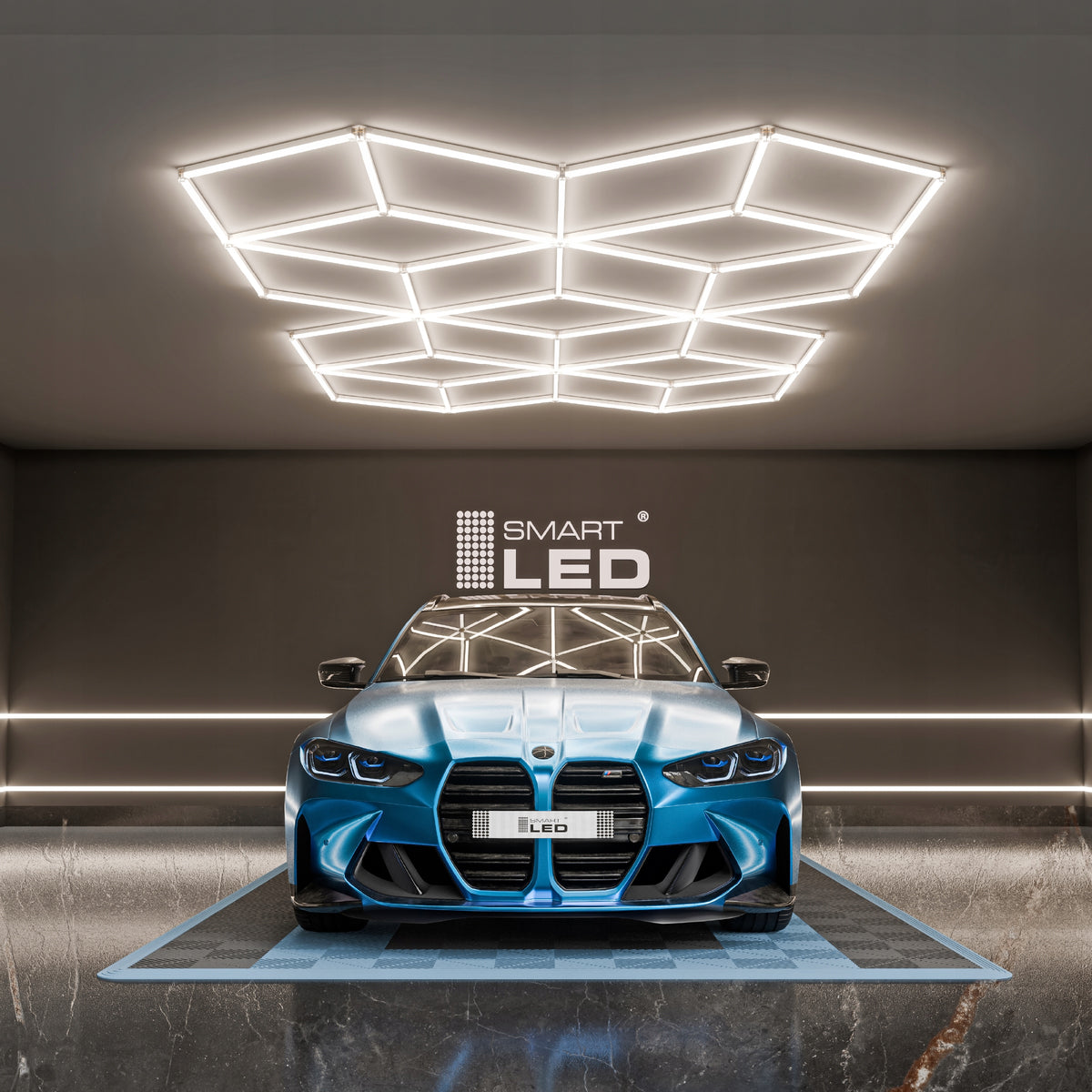 LED HEXAGON osvětlení do garáže 728 W, 482 × 279 cm