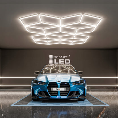 LED HEXAGON osvětlení do garáže 728 W, 482 × 279 cm