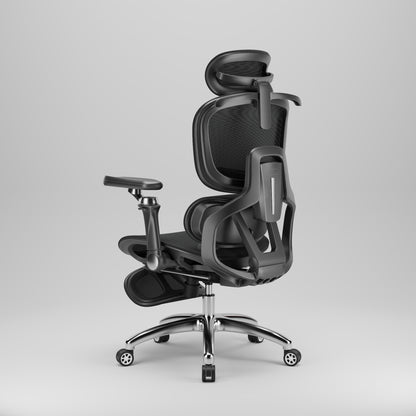 Kancelářská židle AirFlow Pro černá – pohled zezadu z úhlu se síťovým opěradlem a hliníkovým křížem
