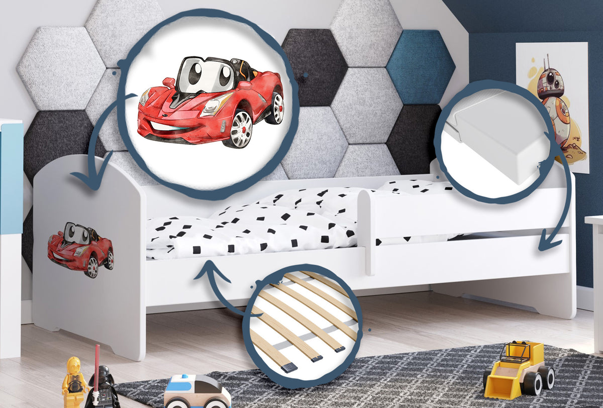 Dětská postel LUK 160 × 80 cm s ochrannou zábranou – motiv závodní auto