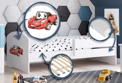 Dětská postel LUK 160 × 80 cm s ochrannou zábranou – motiv závodní auto
