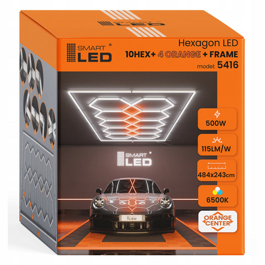LED HEXAGON osvětlení do garáže 500 W, 484 × 243 cm