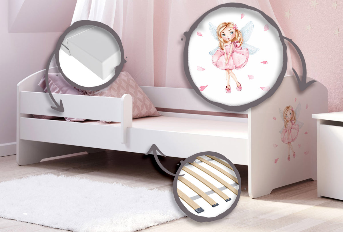 Dětská postel LUK 160 × 80 cm s ochrannou zábranou – motiv dívka s křídly